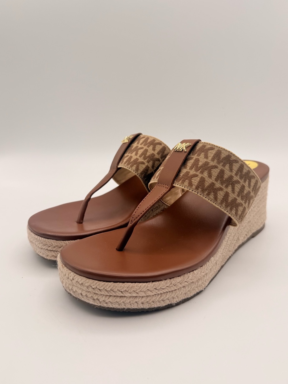 MICHAEL KORS MK Logo Espadrille Platform Thong Sandals Wedge Brown Size 7